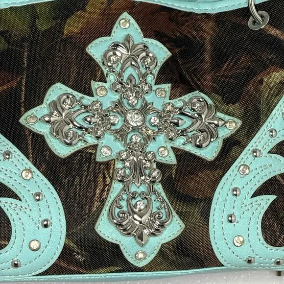 Heritage West Blue Green Camouflage Rhinestone Cross Western Double Strap Purse - Picture 3 of 13